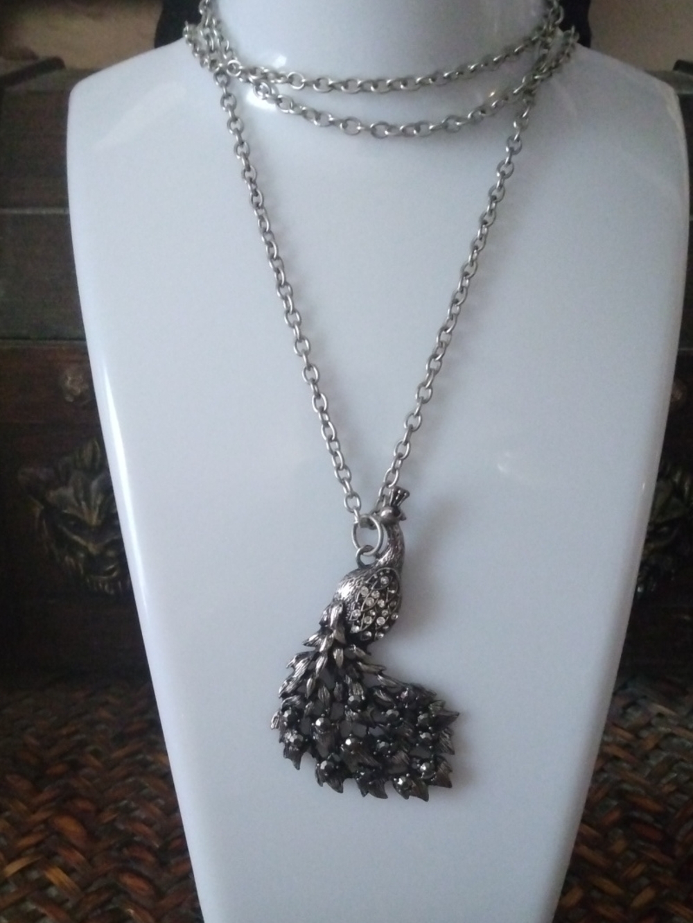 Silver Peacock Pendant Necklace - Elegant Women's Jewelry .Chain 22"